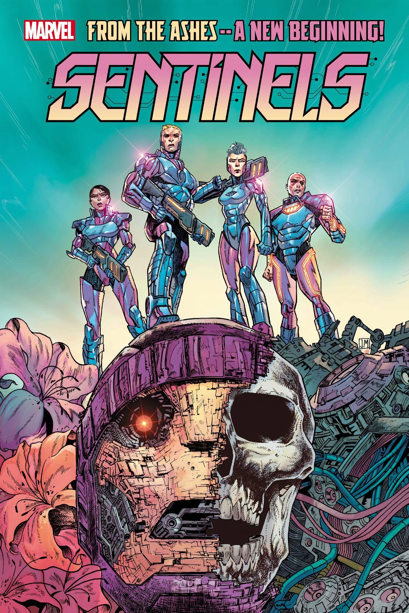 En la portada de Sentinels #1, los híbridos humano-Sentinel se encuentran encima de la clásica cabeza del robot Sentinel, transformándose en una calavera.