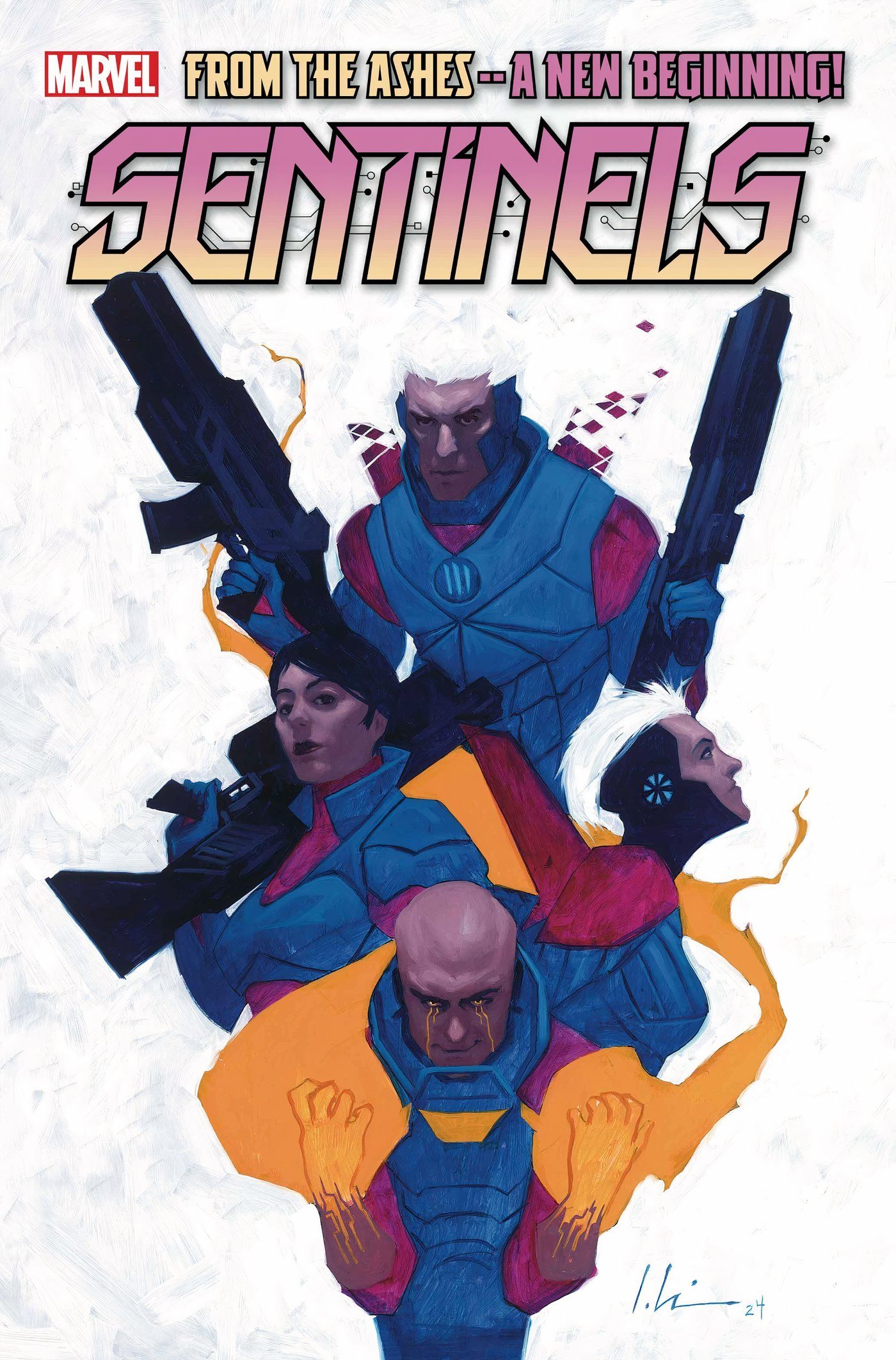 Portada variante de Sentinels #1 que presenta al nuevo equipo de cazadores de mutantes sobre un fondo blanco.