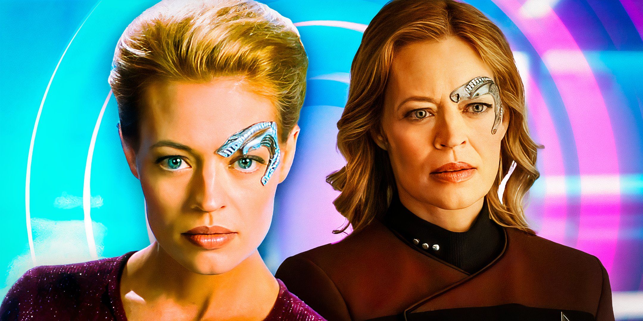 A collage of two images of Seven of Nine (Jeri Ryan), one from Star Trek: Voyager and one from Star Trek: Picard, on a blue and pink background.