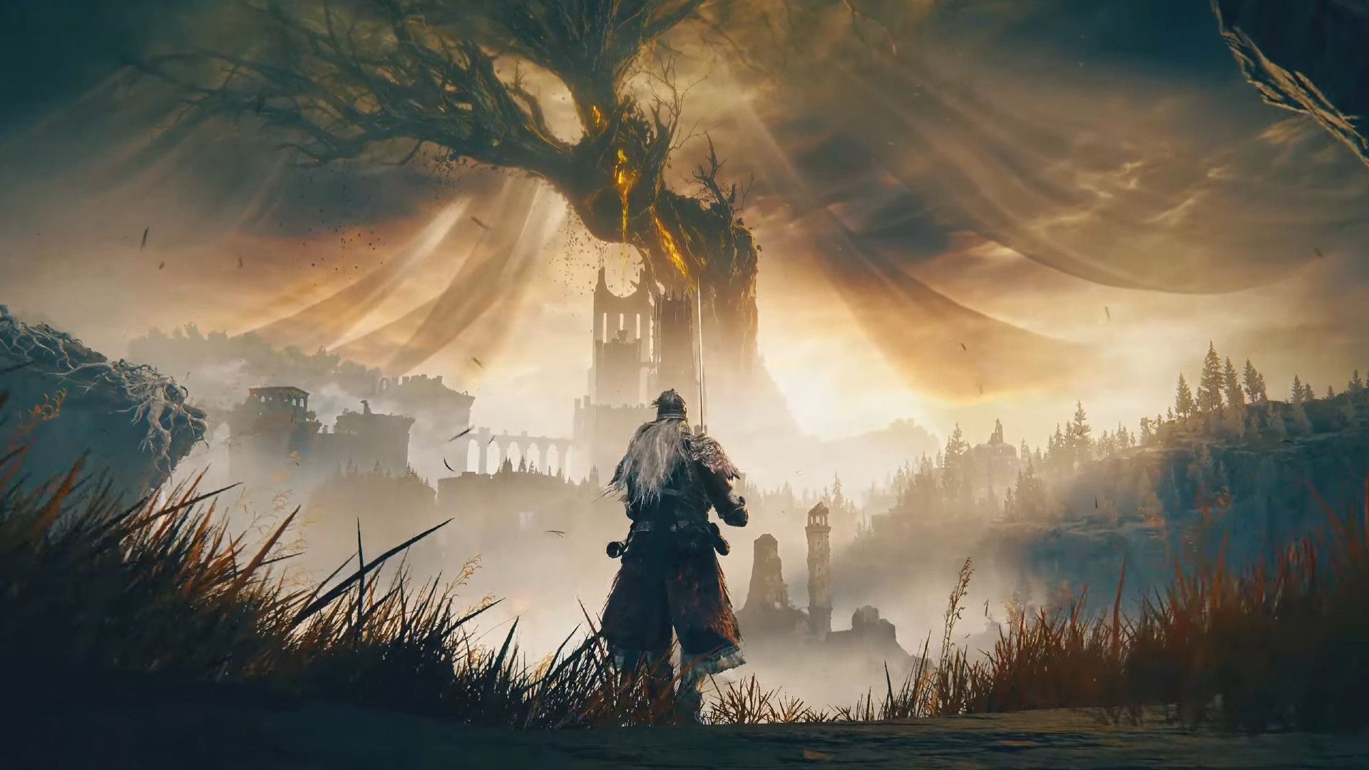 An armored figure in front of a landscape with a giant tree in Elden Ring's Shadow of the Erdtree DLC.