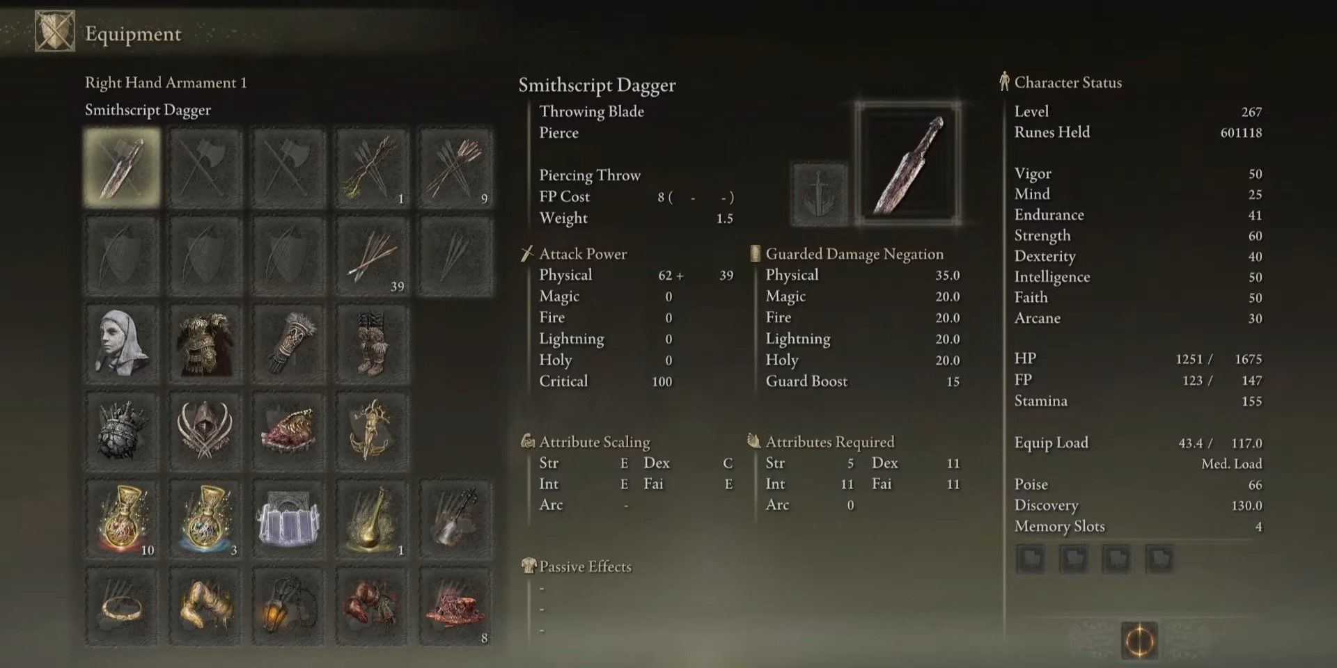The stats for the Smithscript Dagger in Elden Ring in the menu