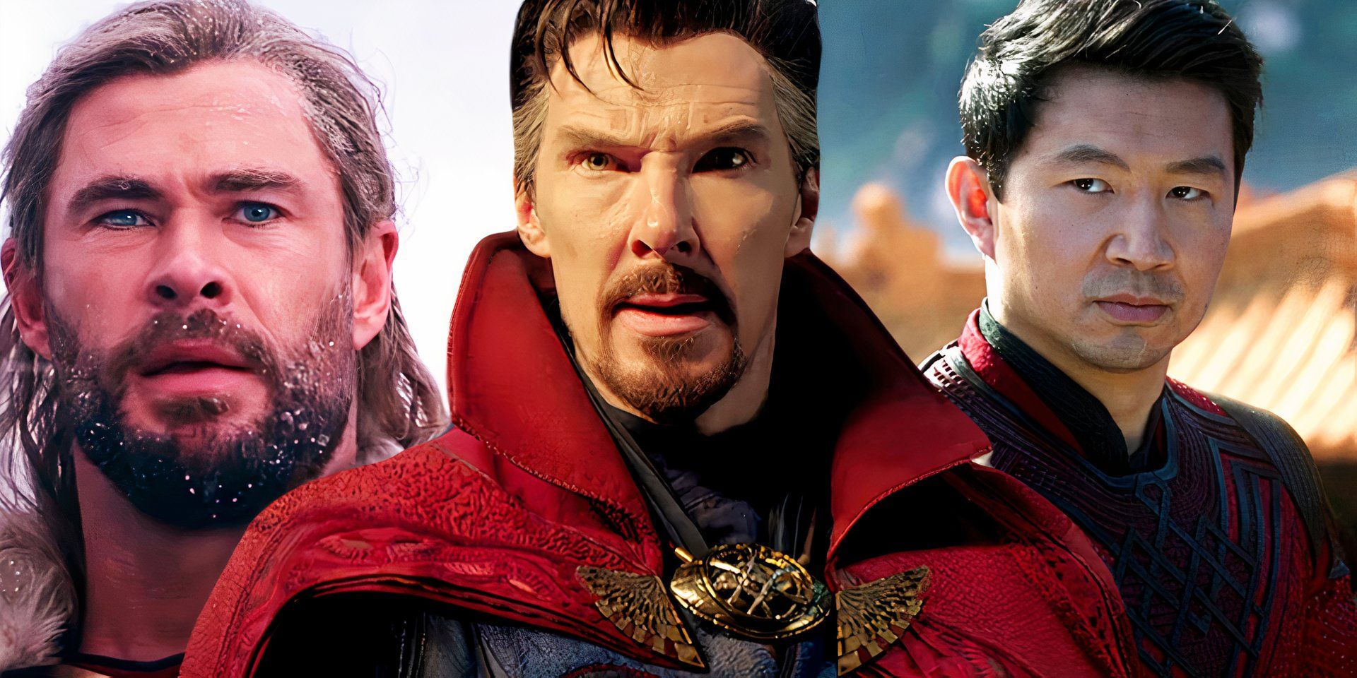 Chris Hemsworth looking scared as Thor, Benedict Cumberbatch looking angry as Doctor Strange, and Simu Liu looking stern as Shang-Chi