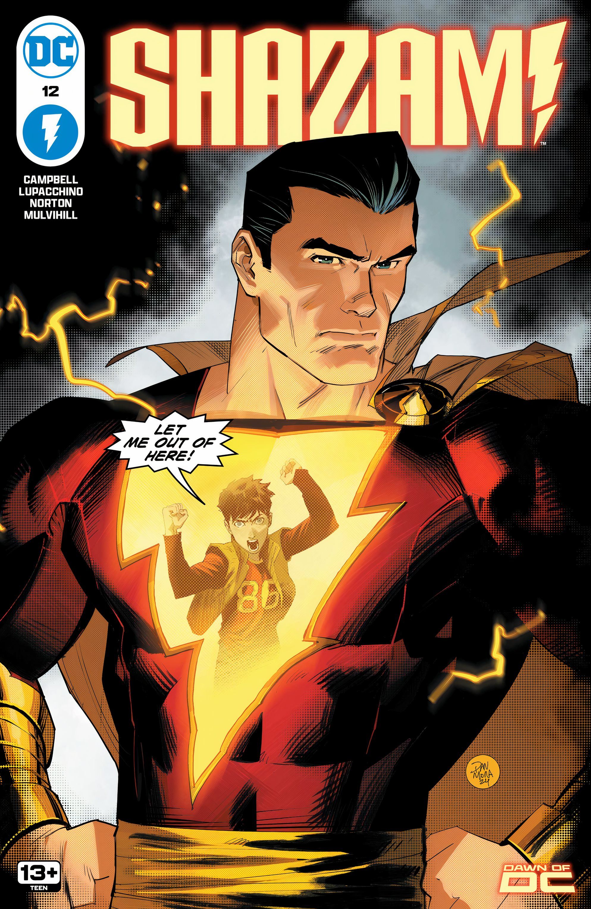 Shazam 12 Main Cover: Billy Batson trapped inside the Captain's lightning logo.