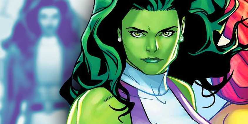 Comic book art: She-Hulk in her new costume, with a blurry version appearing in the background.