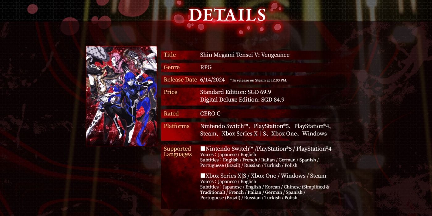 A arte promocional de Shin Megami Tensei V Vengeance destaca as novas especificações da plataforma.