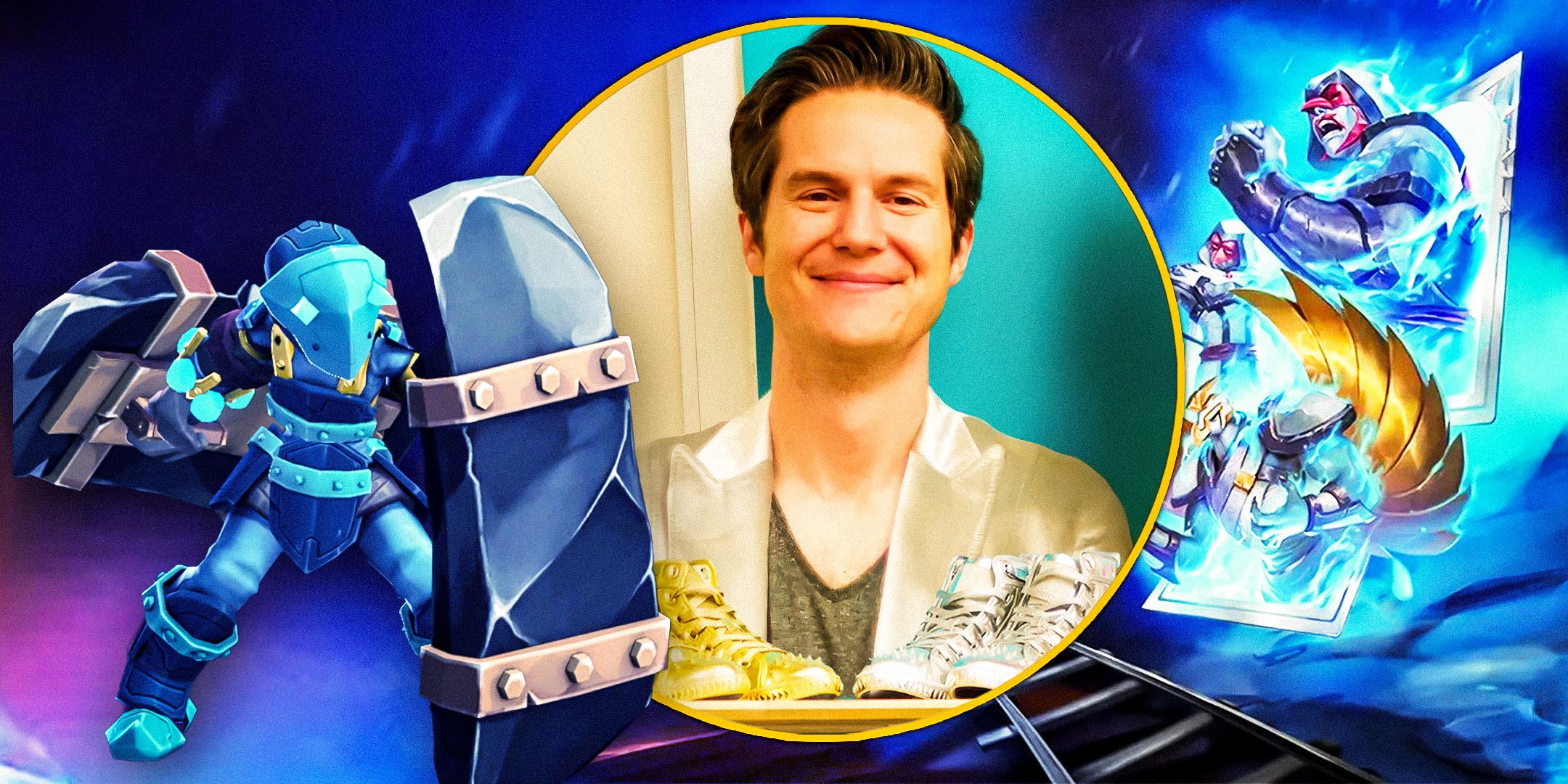 Shiny Shoe&rsquo;s CEO Mark Cooke in the middle with shiny gold and silver shoes below him, to the left is an Inkbound fighter and to the right are characters from Monster Train.