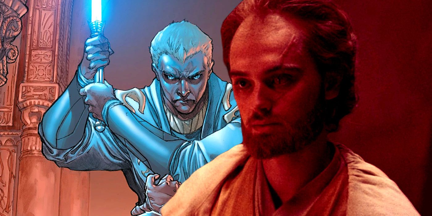 Left: Jedi Master Lucien Draay holding a blue lightsaber with a menacing expression on the cover of Star Wars: Knights of the Old Republic #32; Jedi Master Torbin looking sad in The Acolyte season 1, episode 2 