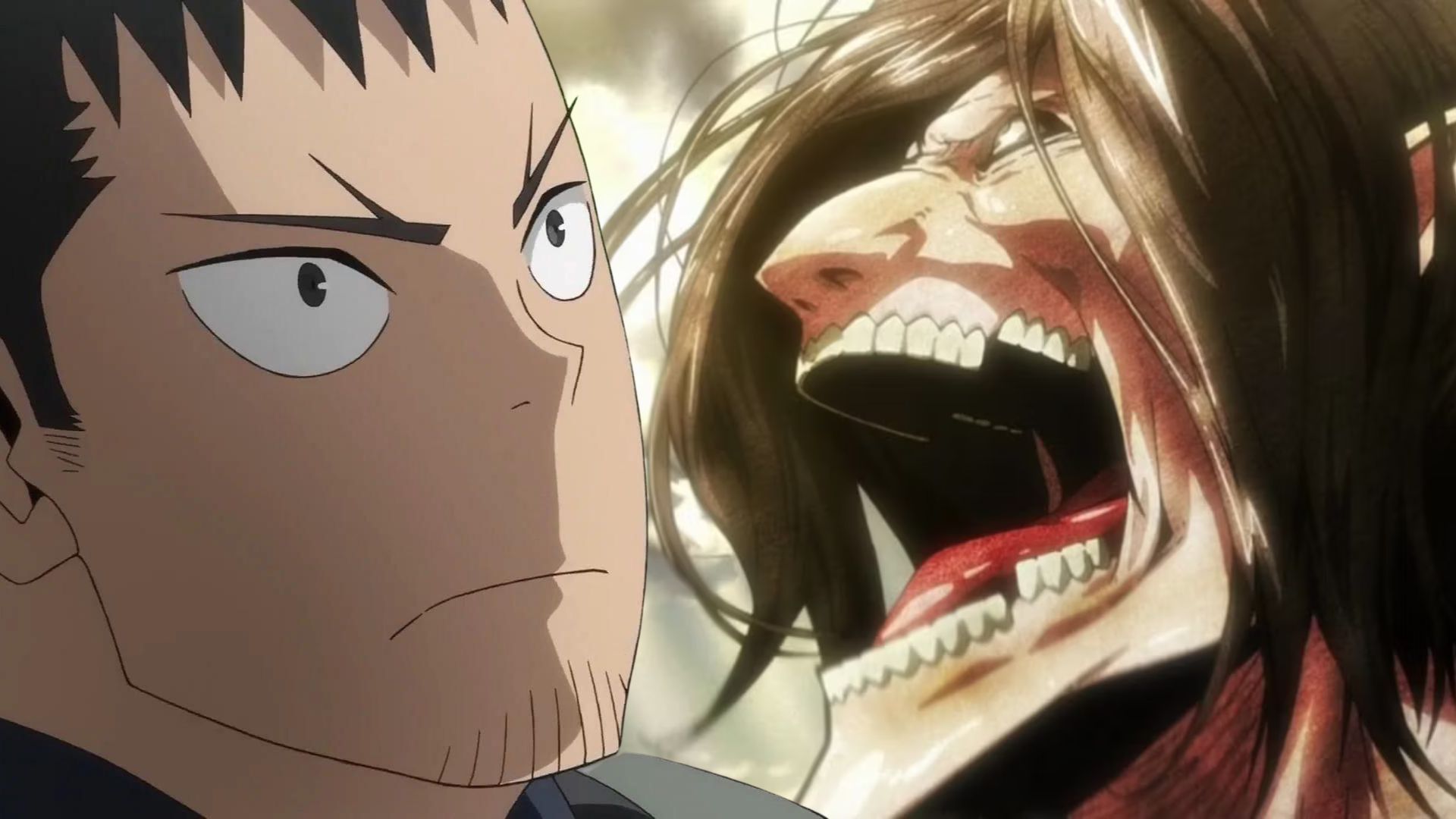 Kafka looking upwards while Eren's Titan Roars while looking up