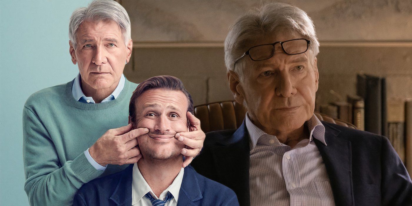 A composite image of Harrison Ford forcing Jason Segal to smile with Harrison Ford looking annoyed with his glasses on his forehead in Shrinking