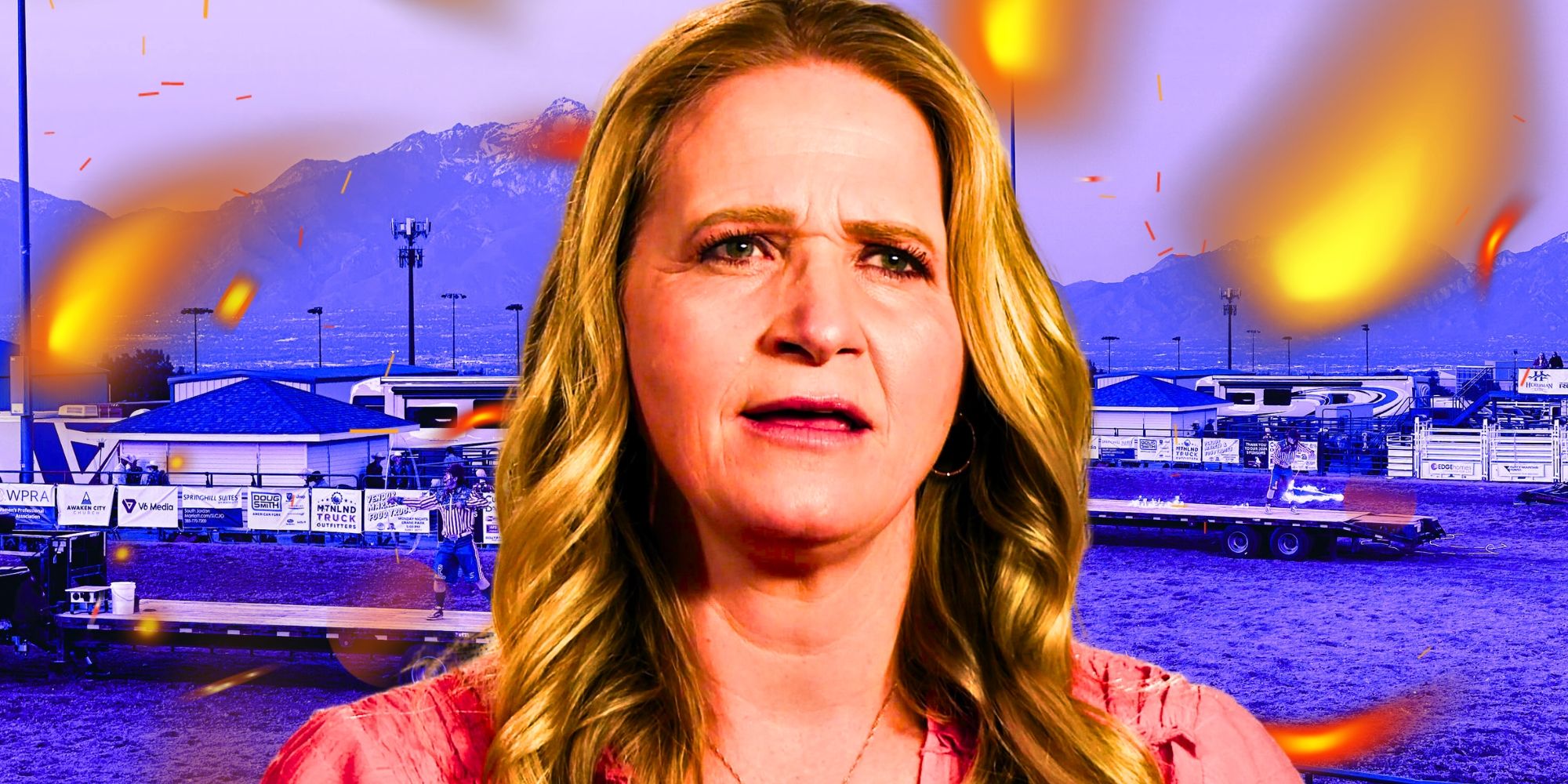 Sister Wives' Christine Brown looks concerned, in front of fire balls raining down on water and docks.
