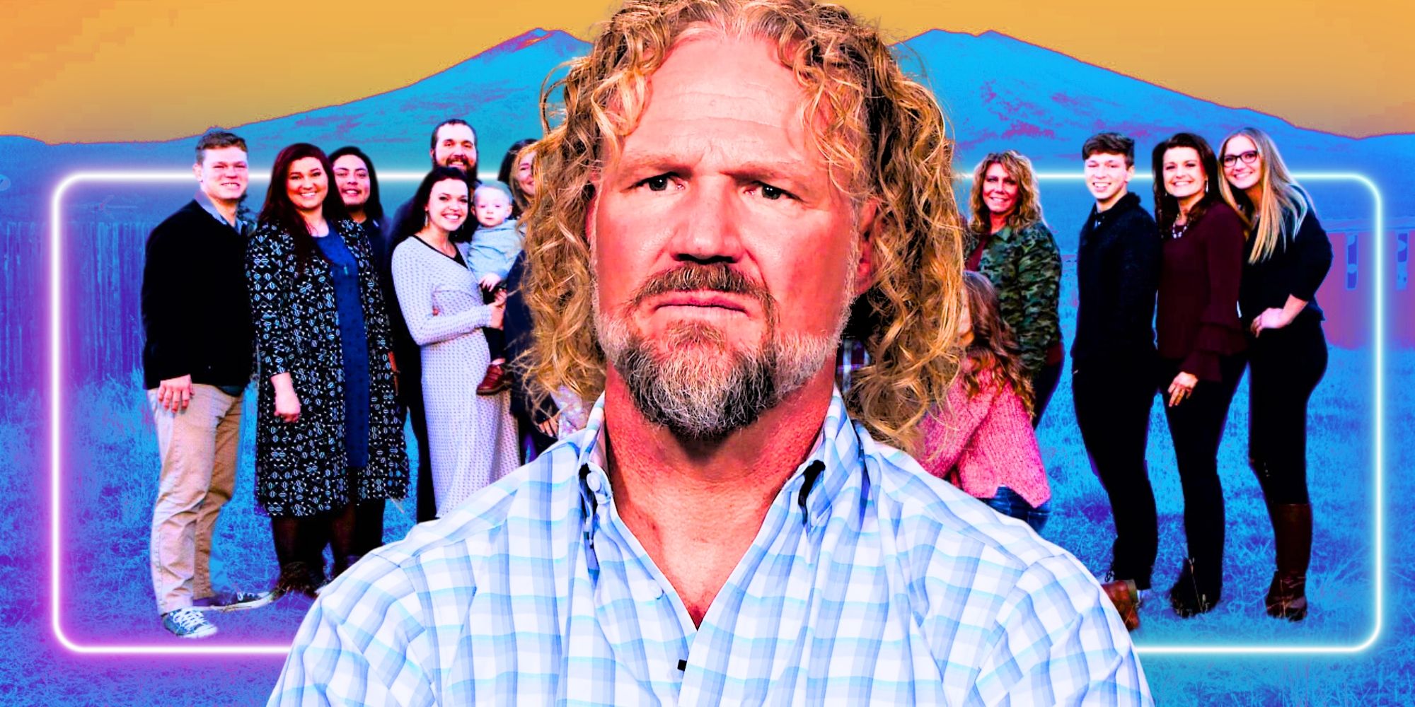 Sister Wives' Kody Brown looks disgusted, with his family lined up behind him.