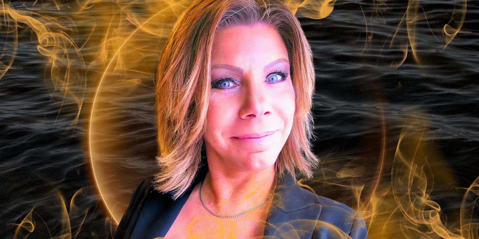 sister wives star meri brown in a montage of her smiling with a smoky background in black and gold