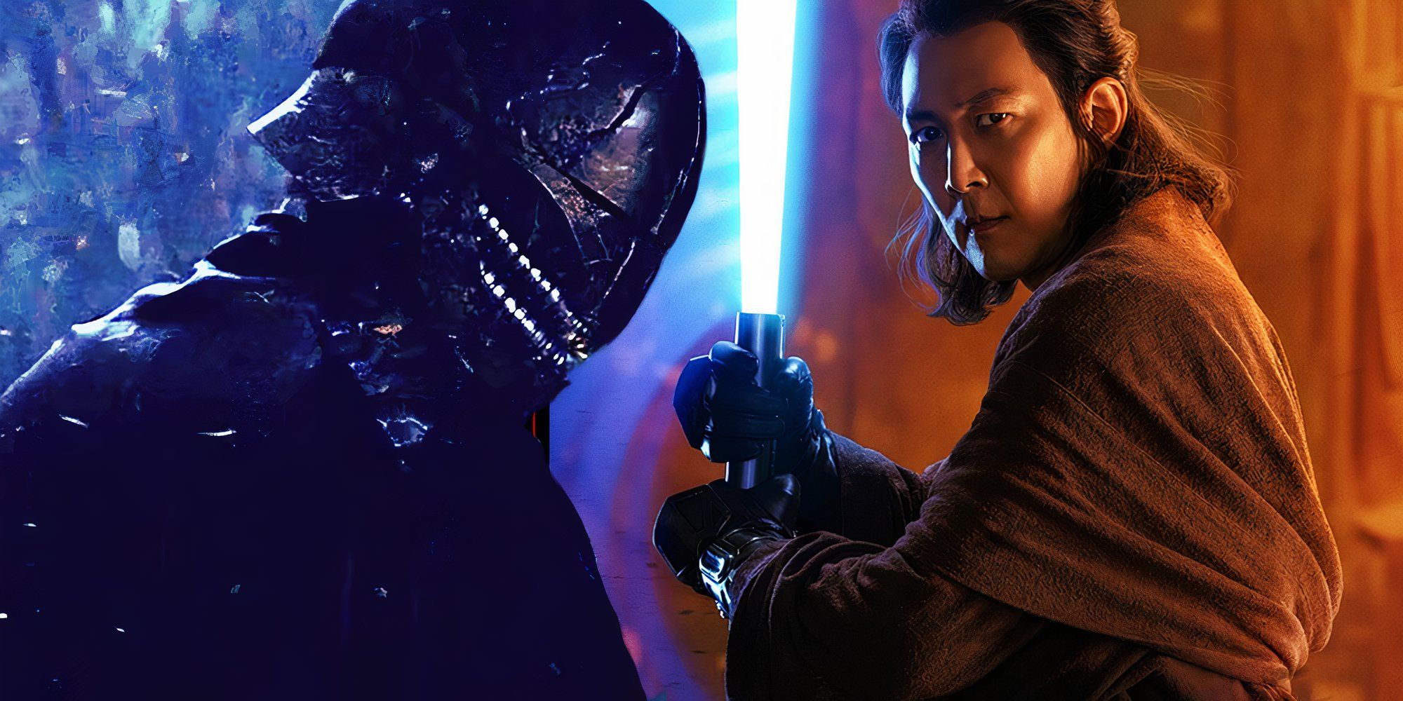 The Sith Lord from The Acolyte (2024) next to Lee Jung-jae lifting his lightsaber as Sol in his character poster