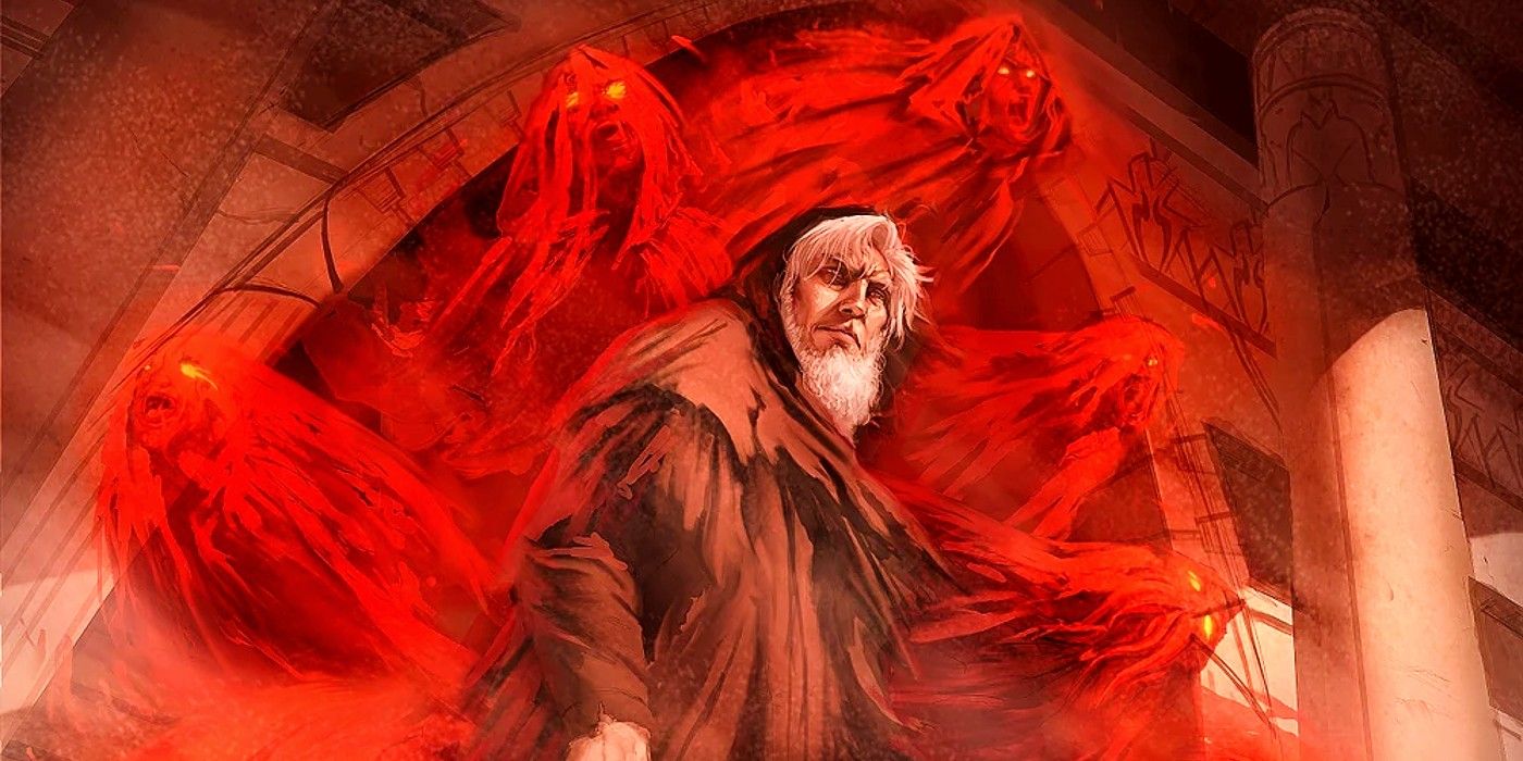 A gray-haired Jedi surrounded by red Sith phantasms on Moraband in Star Wars Legends.