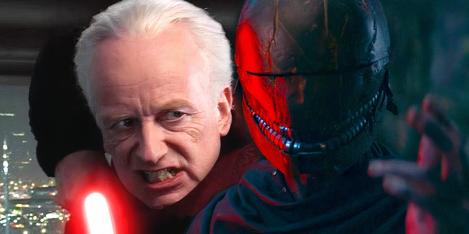 Chancellor Palpatine (Ian McDiarmid) snarls with his red lightsaber drawn in Star Wars: Episode III - Revenge of the Sith next to a helmeted Sith Lord with side of their face lit red in The Acolyte