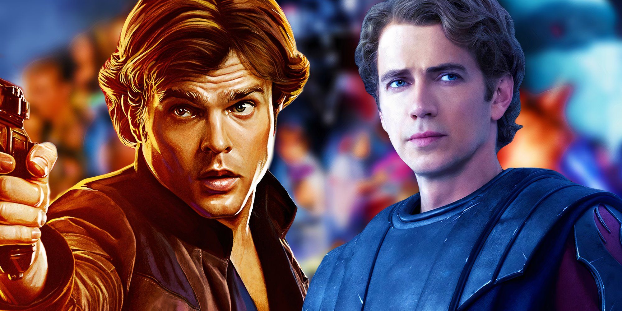 A blurred image of the Skywalker Saga behind Alden Ehrenreich as Han Solo and Hayden Christensen as Anakin Skywlalker