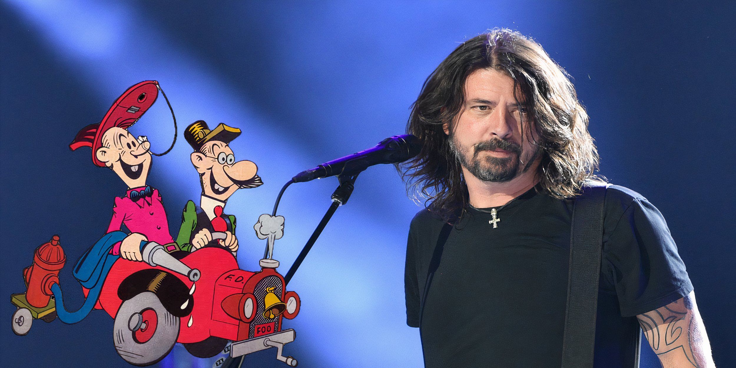 Characters from 1930s comic Smokey Stover (left) and Foo Fighters' Dave Grohl (right)
