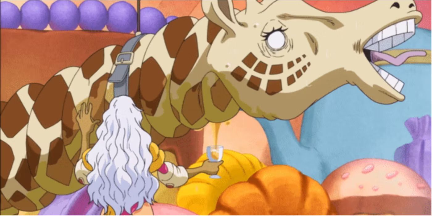 Charlotte Smoothie of the Big Mom Pirates squeezes a Giraffe with the Wring-Wring Fruit in One Piece.