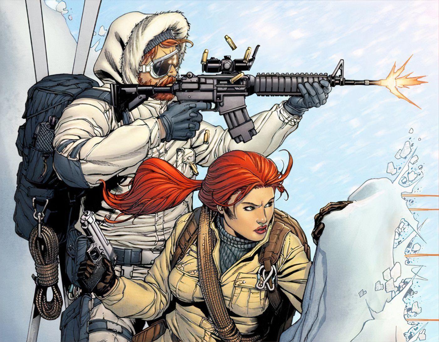 Scarlett #1, Snow Job and Scarlett returning fire from cover behind a snow bank, which is being riddled with bullets.