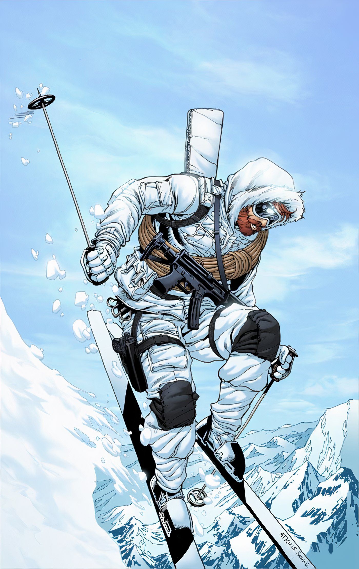 Scarlett #1, Snow Job skiing down a mountain, making  jump.