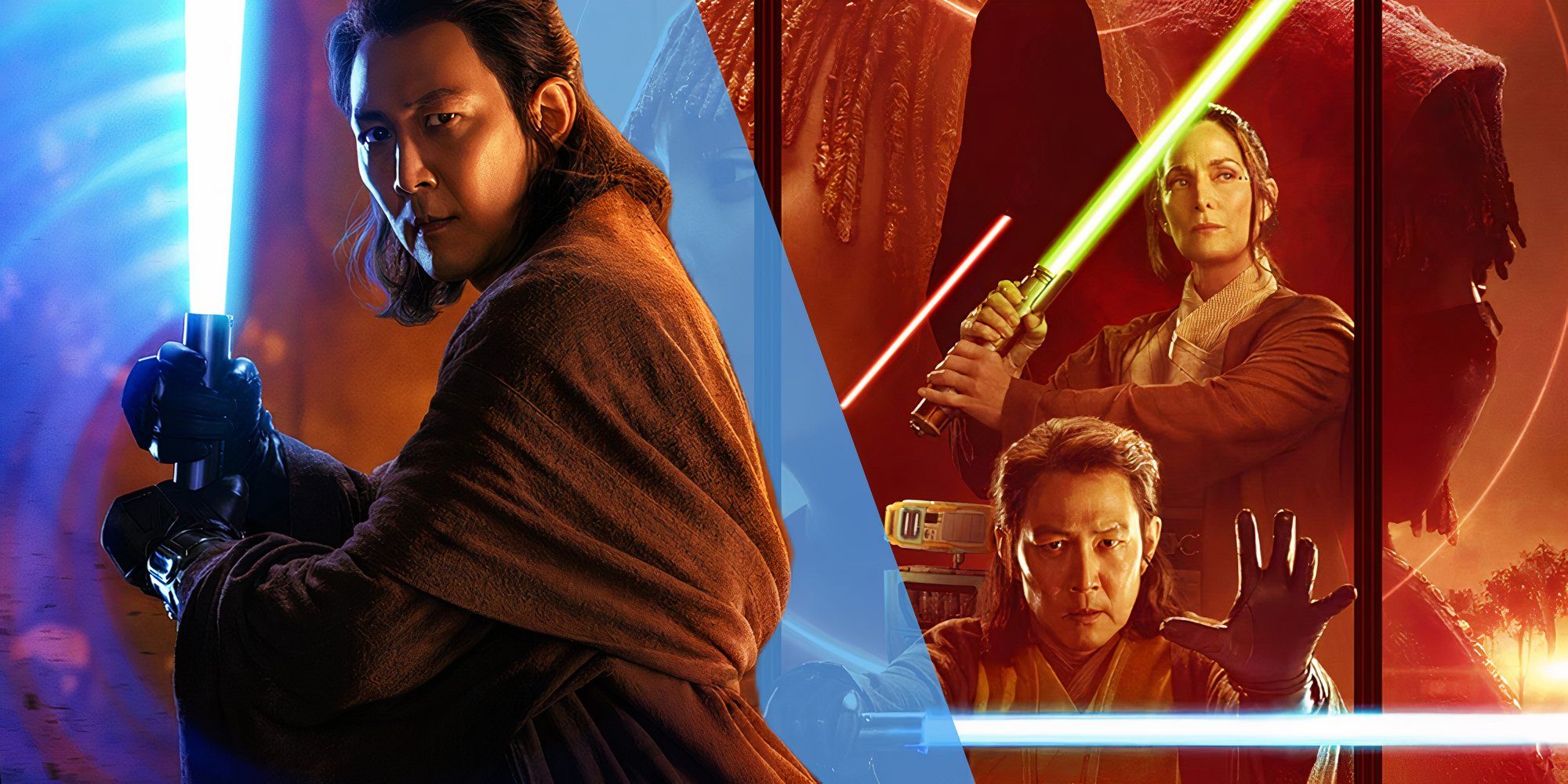 Sol raising his lightsaber in his character poster next to the official poster for The Acolyte (2024) 