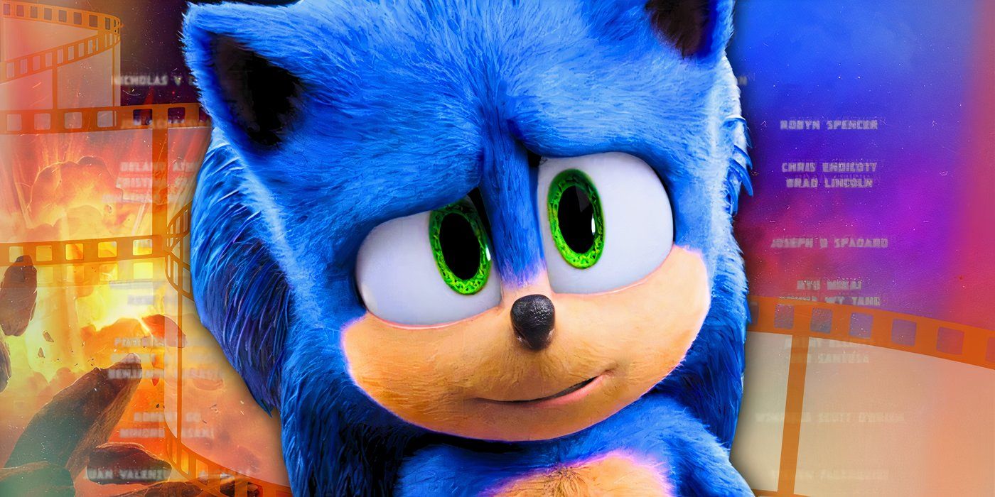 Sonic looking concerned as stylized credits scroll by in the background in Sonic the Hedgehog live action movie