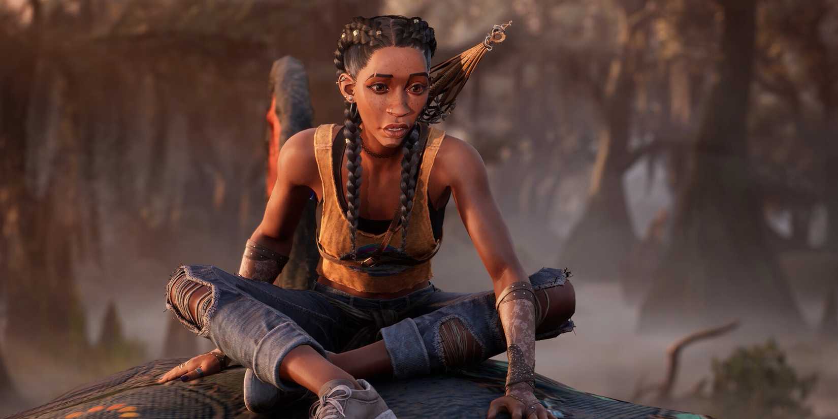 Hazel from South of Midnight looking shocked while sitting in a swamp.