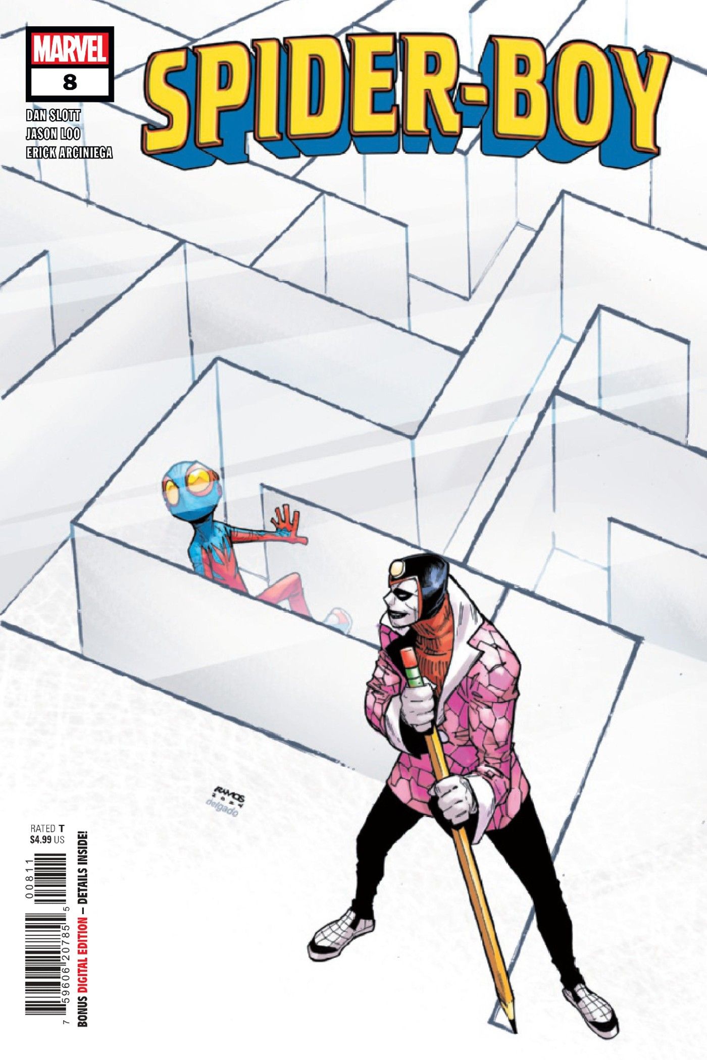 Spider-Boy #8 cover art, Spider-Boy stuck in a maze as Puzzle Man looks on.