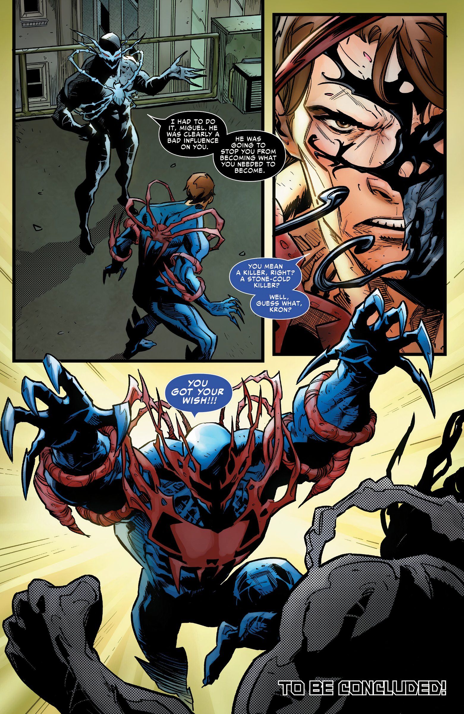 Três painéis do Homem-Aranha 2099 atacando Venom 2099