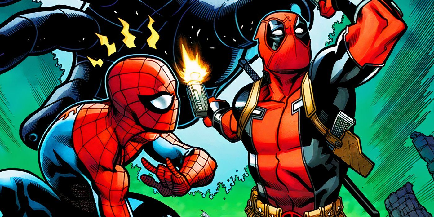 Spider-Man and Deadpool with a giant hand in Marvel Comics' 