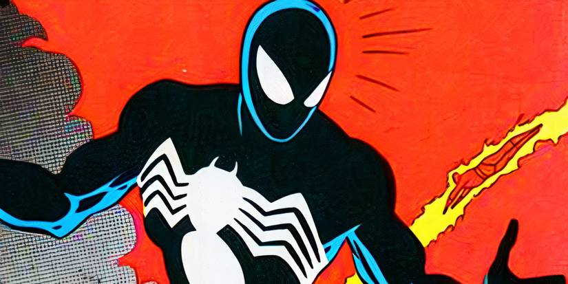 Comic book art: Spider-Man first discovers his black costume, against a red backdrop with a flash of yellow energy.