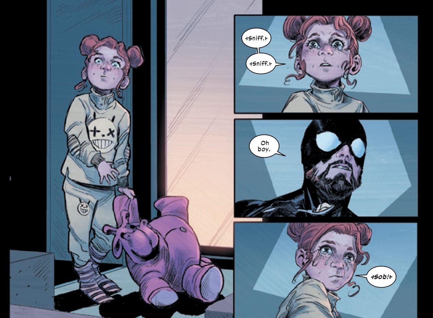 May Parker learning that her father, Peter Parker, is actually Spider-Man.