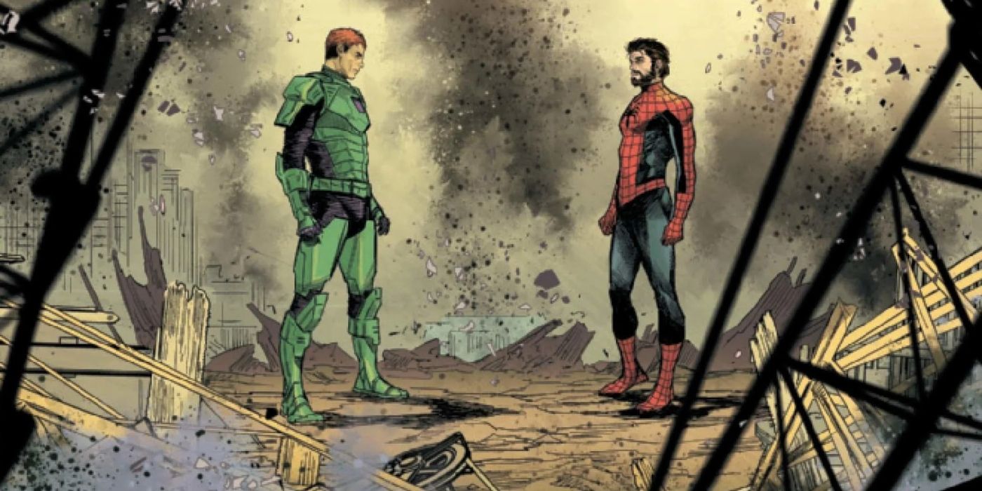 Spider-Man standing without his mask on opposite Green Goblin who's also not wearing his mask.