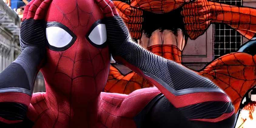MCU's Spider-Man in the foreground, shocked by Marvel Comics' Spider-Man taking off his mask.