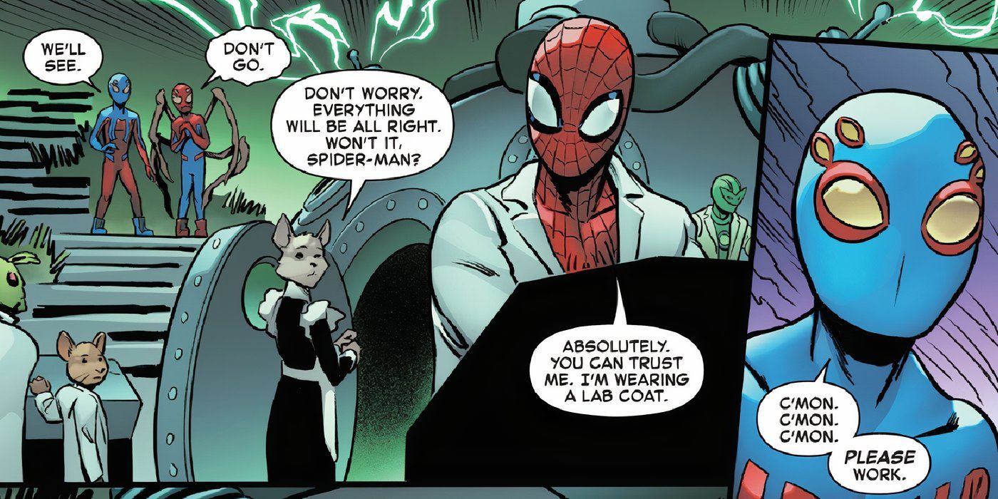 Spider-Boy #8, Spider-Man says: "You can trust me, I'm wearing a lab coat."