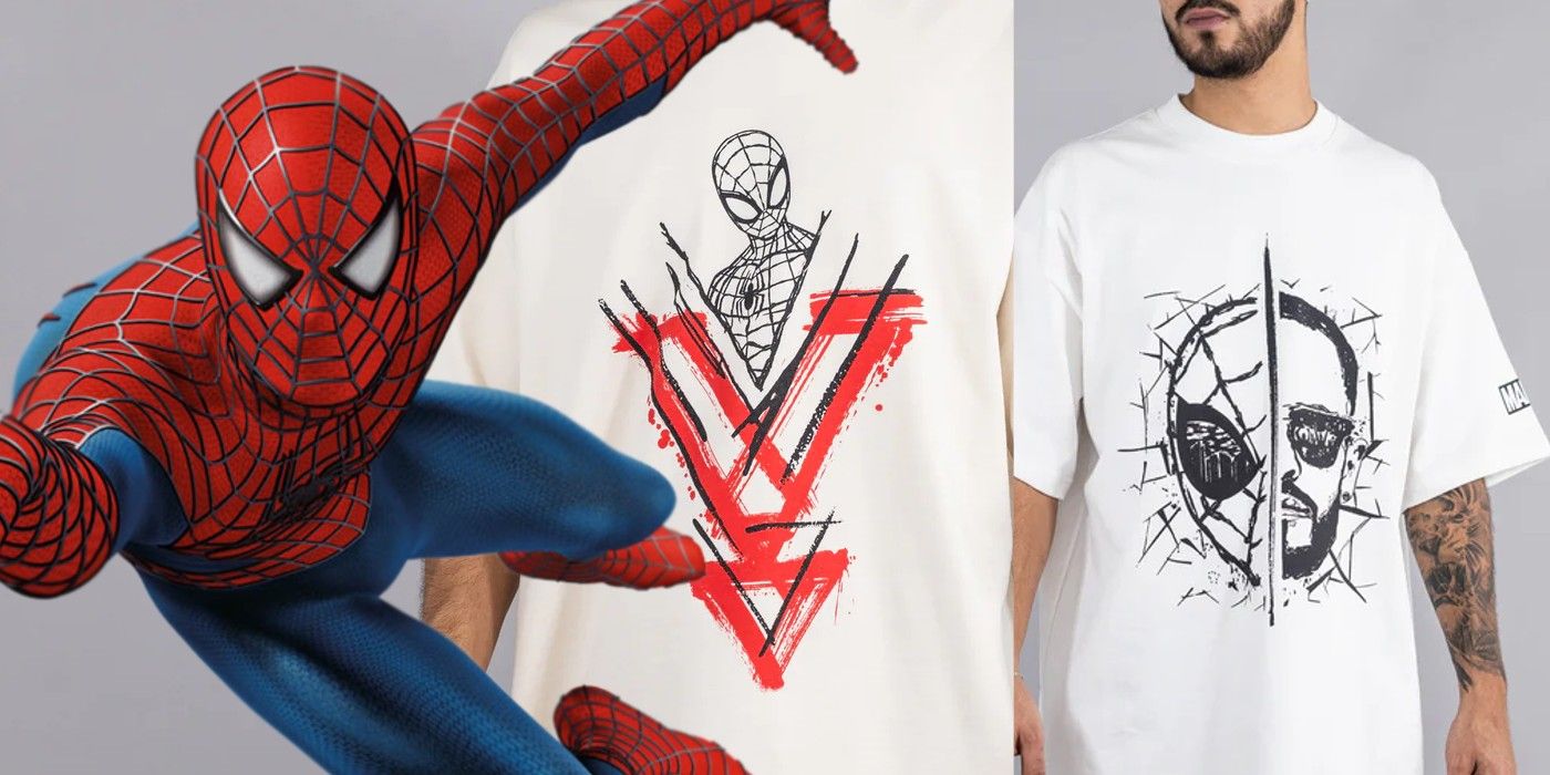 Spider-Man poses next to Yandel x Lust x Marvel tees