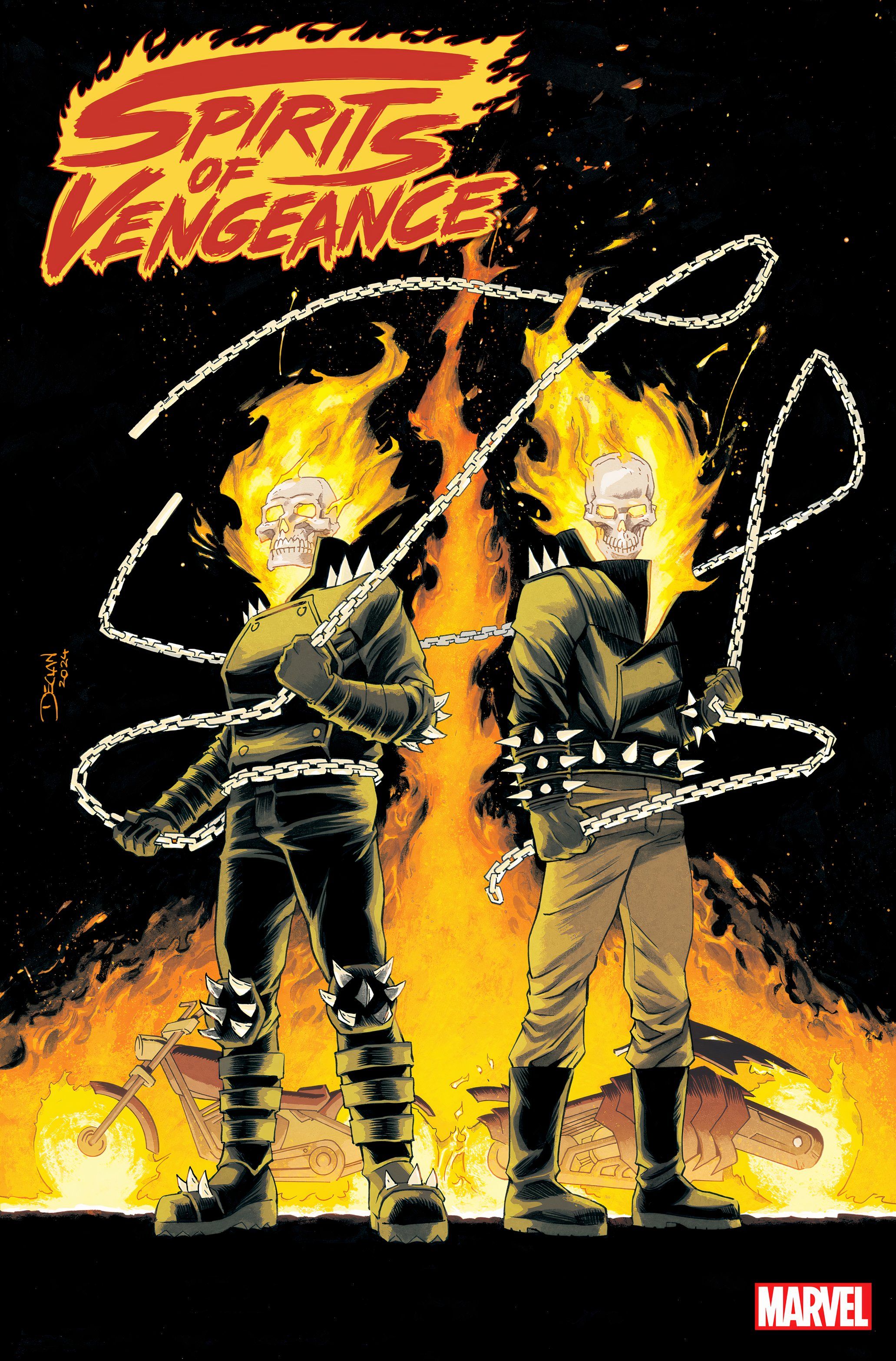 Spirits of Vengeance #1 Okładka Declana Shalveya Danny’ego Ketcha i Johnny’ego Blaze’a stoją obok siebie.