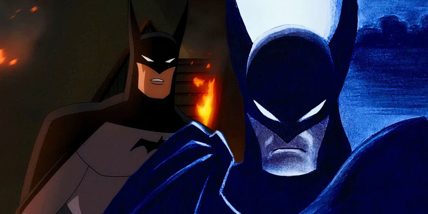 Una imagen dividida del cartel de Caped Crusader y Batman en el show.