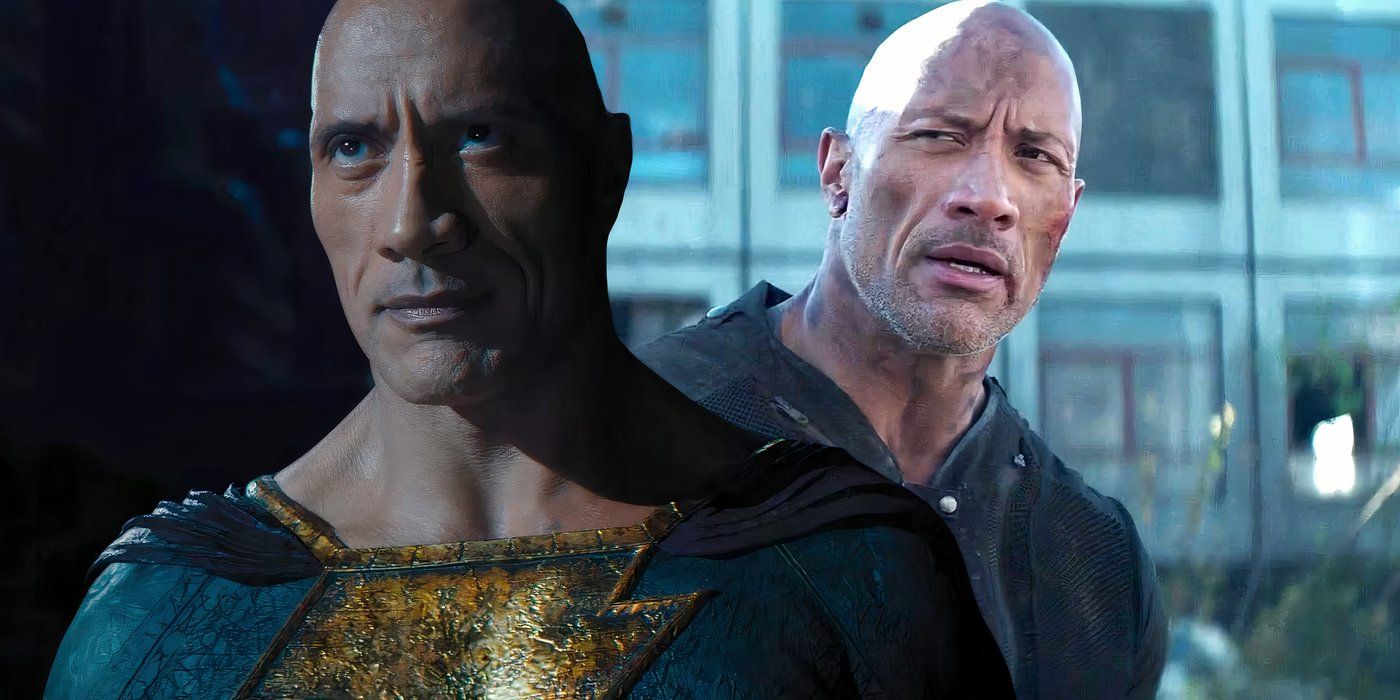 Split image of dwayne johnson as black adam looking cocky and hobbs looking confused