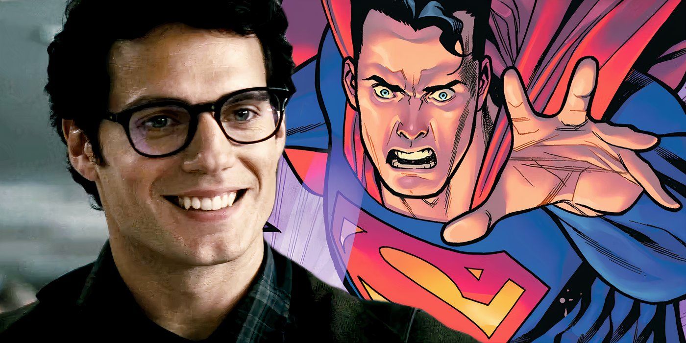 Split image of Henry Cavill as Superman and comic book Superman looking shocked