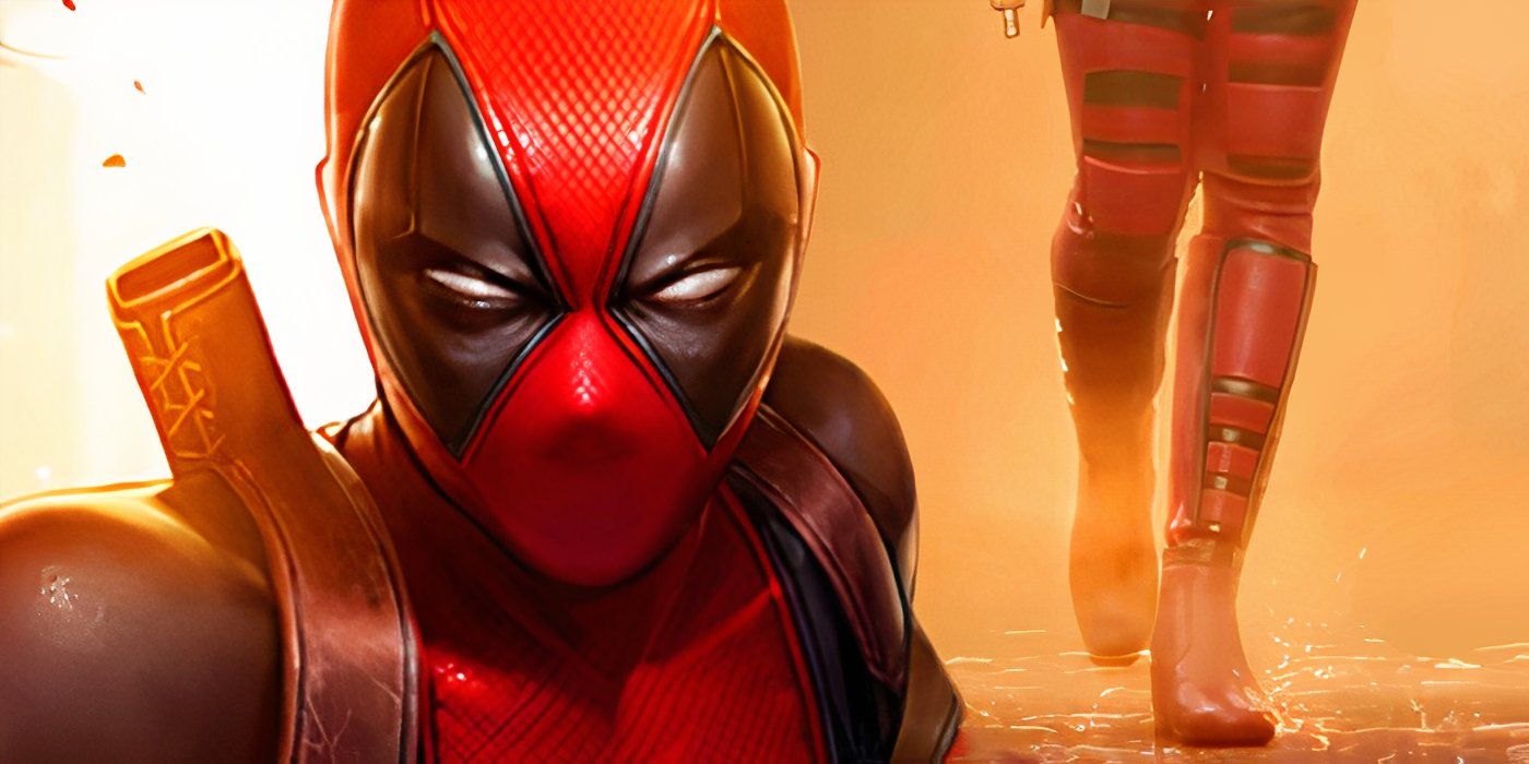 Split image of Lady Deadpool squinting in Marvel Comics and the legs of Lady Deadpool in Deadpool & Wolverine