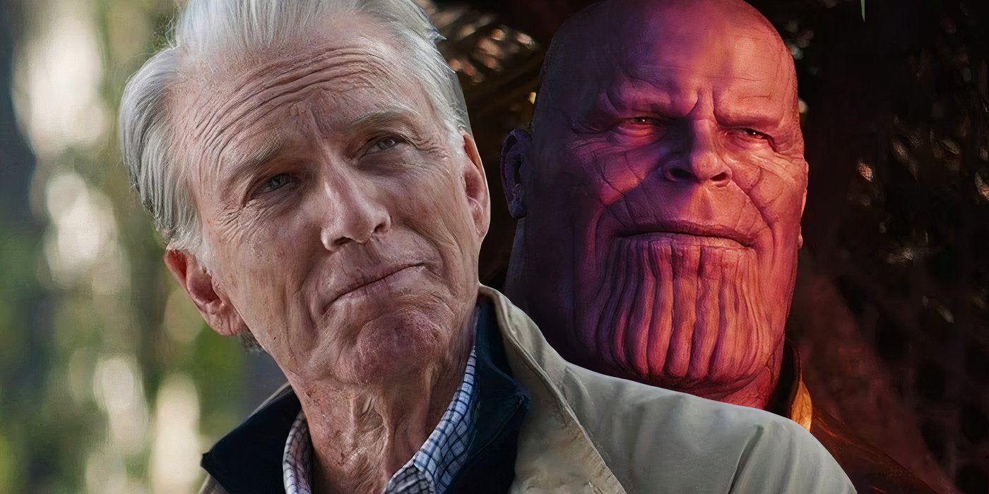 Split image of Old Steve Rogers and Thanos looking content in Avengers Endgame and Infinity war