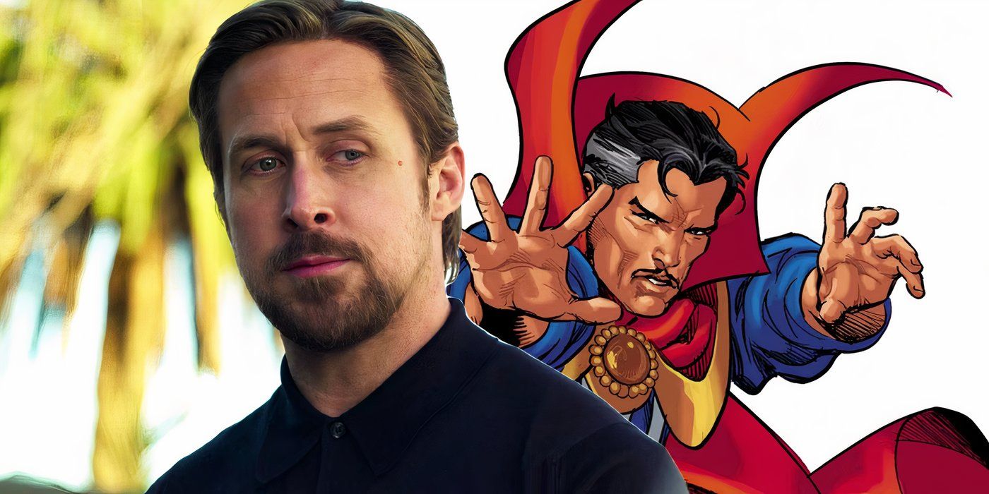 Split image of Ryan Gosling looking suave and doctor strange in Marvel Comics casting a spell