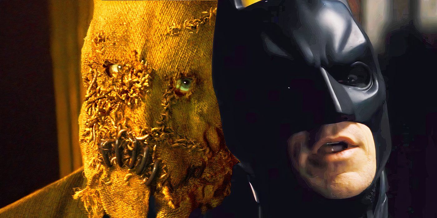 Split image of Scarecrow in his hood and Batman in Nolan's Batman franchise