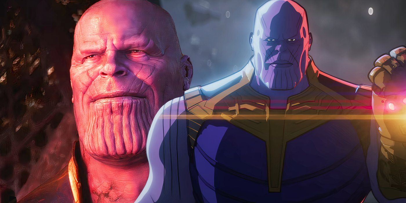 Split image of Thanos in what if an immersive experience with theinfinity gauntlet and thanos smiling in avengers infinity war