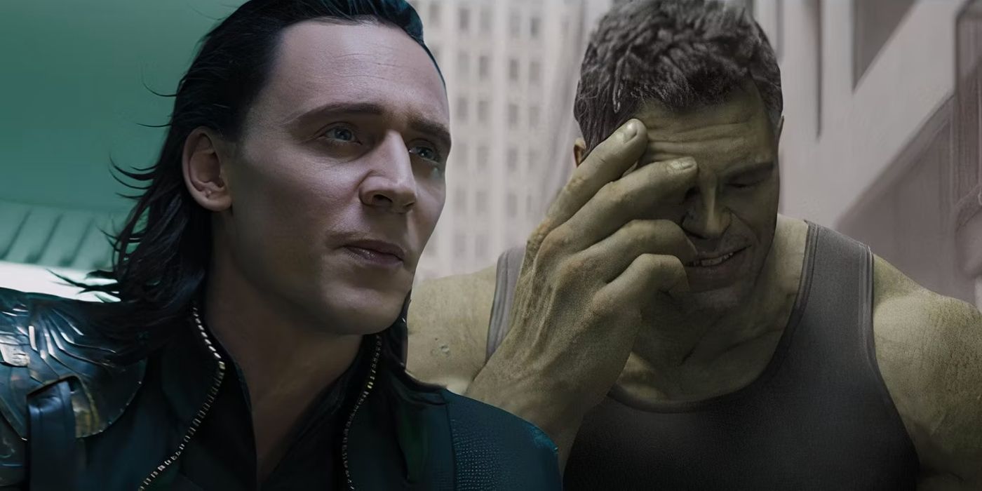 Split image of Tom Hiddleston's Loki in The Avengers and Mark Ruffalo as Professor Hulk in Avengers: Endgame