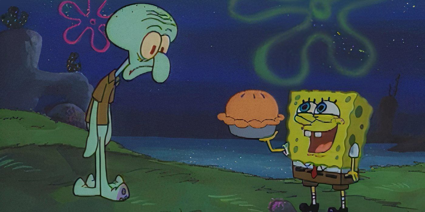 Squidward gives SpongeBob a pie