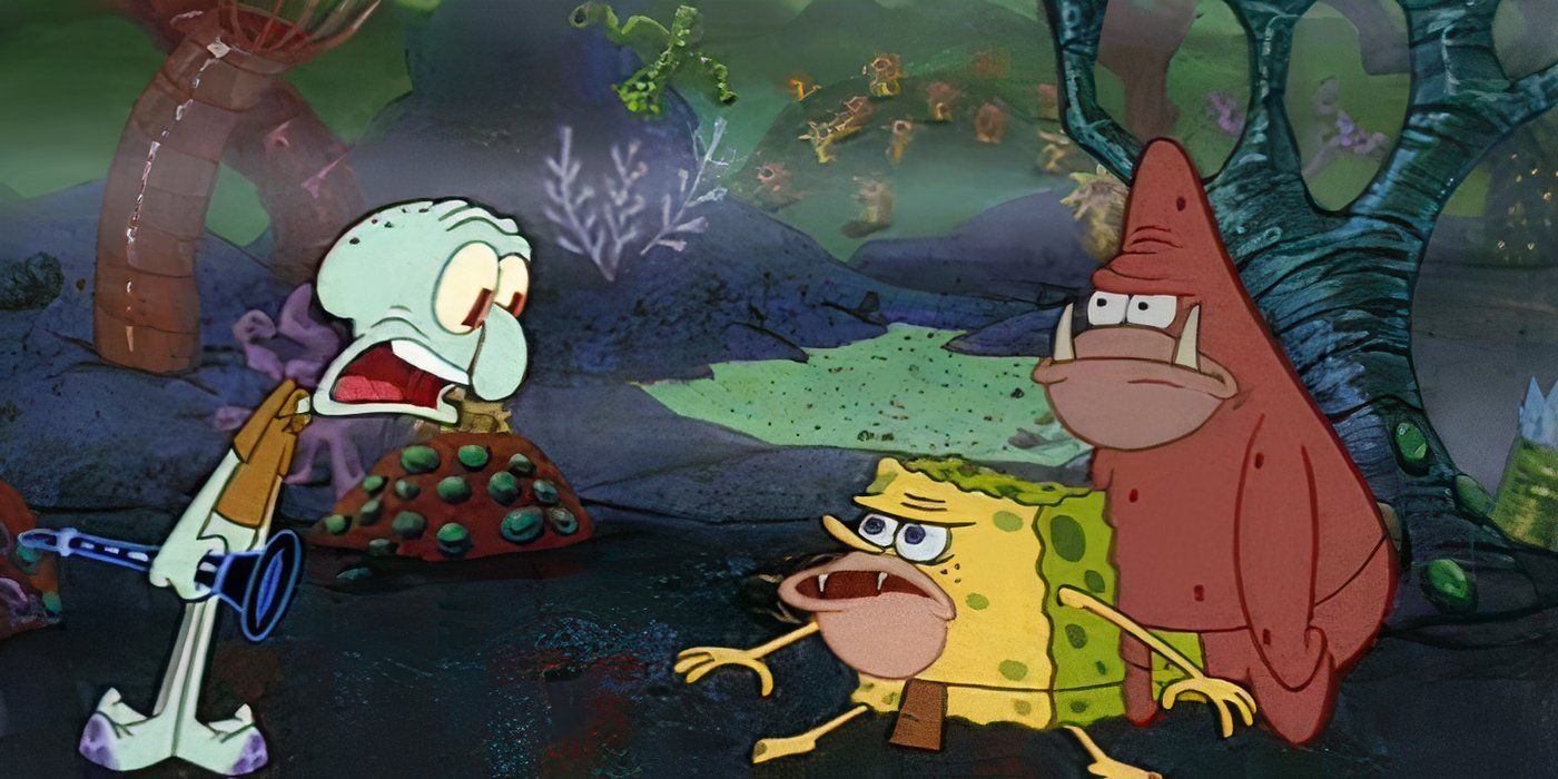 Squidward sees prehistoric SpongeBob and Patrick
