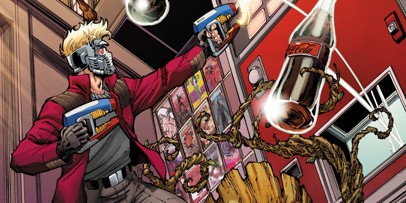 Star-Lord dispara suas armas contra garrafas de Coca-Cola