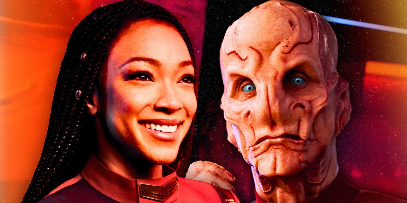 A collage of Captain Michael Burhman (Sonequa Martin-Green) and Saru (Doug Jones) from Start Trek: Discovery season 5 with both characters smiling.